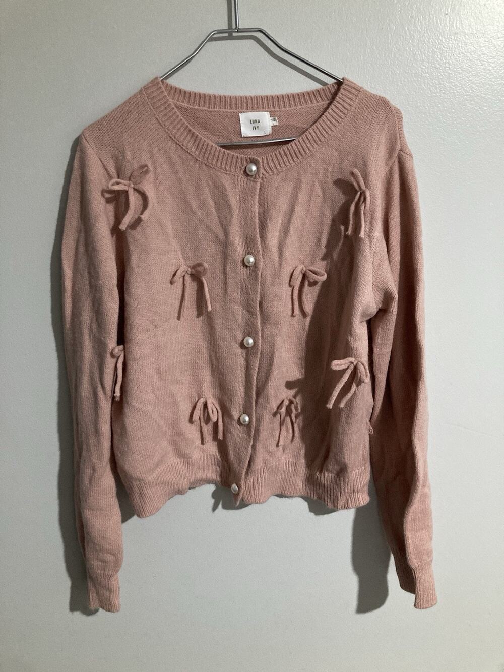 Luna Ivy Anthropologie Cardigan Sweater Women's Large Ivory Button Bow Knit